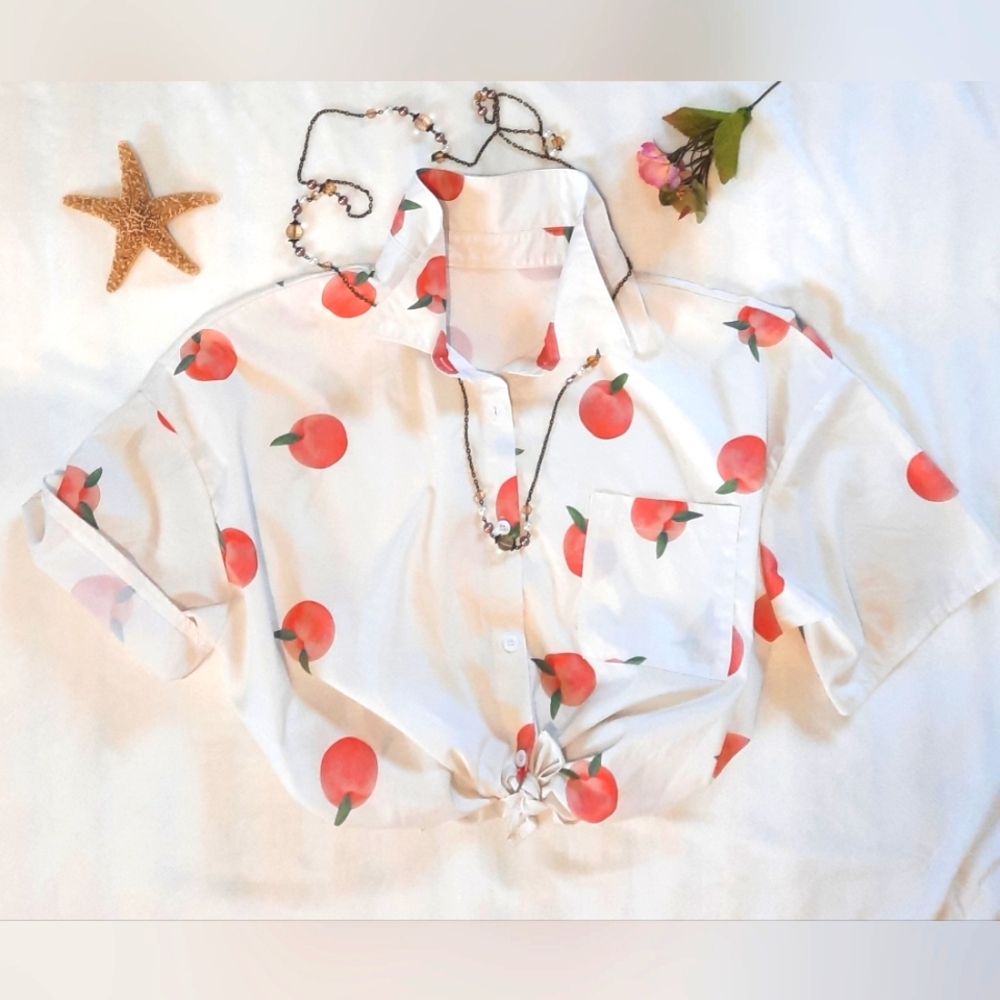 SHEIN 🍑 Peach Print, Boxy Off-White Short Sleeve Blouse